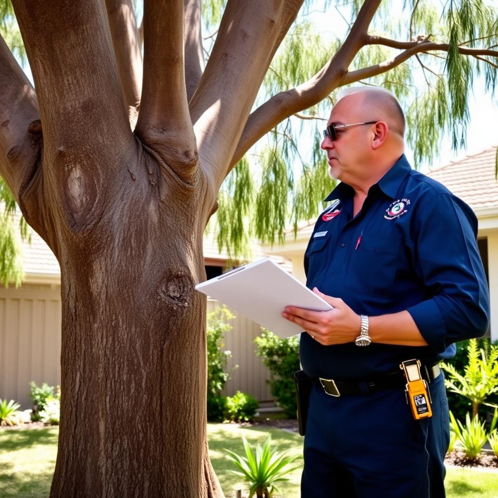 Qualified arborist inspecting a mature eucalyptus in a Melbourne backyard with the homeowner