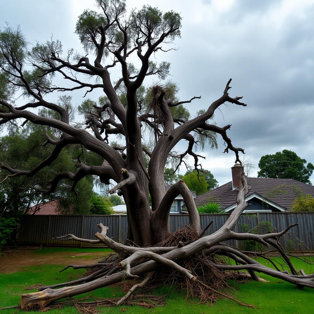 Storm-damaged tree with broken branches on the ground in a Melbourne backyard after severe weather